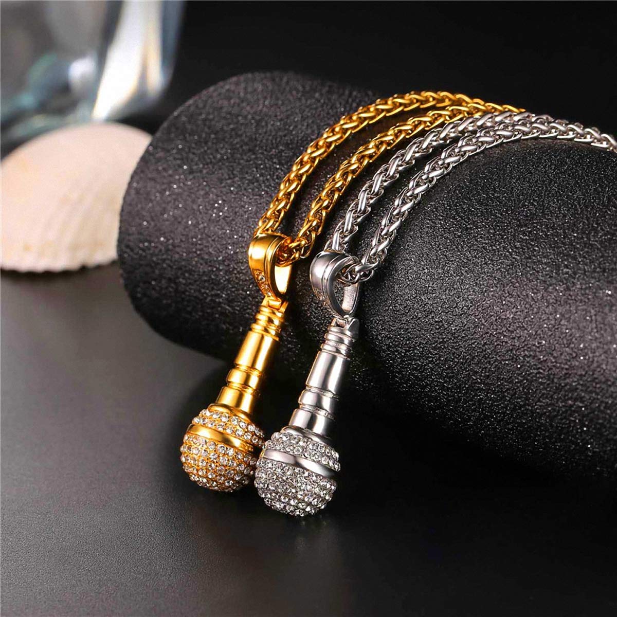 Stainless Steel Gold Rhinestone Microphone Pendant Ice Out Chain Necklace for Men & Women - Perfect for Concerts, Parties & Hip Hop Fashion