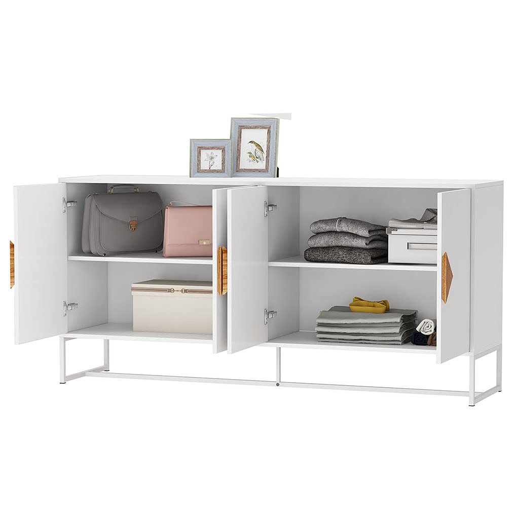 Solid Wood 4-Door Storage Cabinet with Double Sideboard - 2-Tier Shelves & Square Wooden Handles - Entryway Credenza, Buffet Table for Dining Room & Living Room Storage Solution