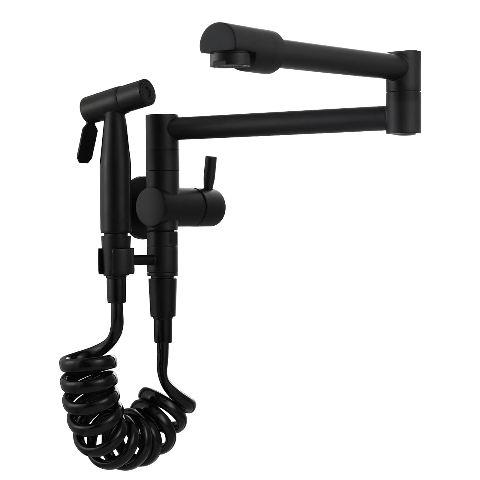Biveah Brass Black Pot Filler Faucet - Retractable Wall Mount Kitchen Sink Faucet with Side Sprayer & Single Handle (Model KLB002B) - Perfect for Commercial Kitchens & Home Cooking Stations