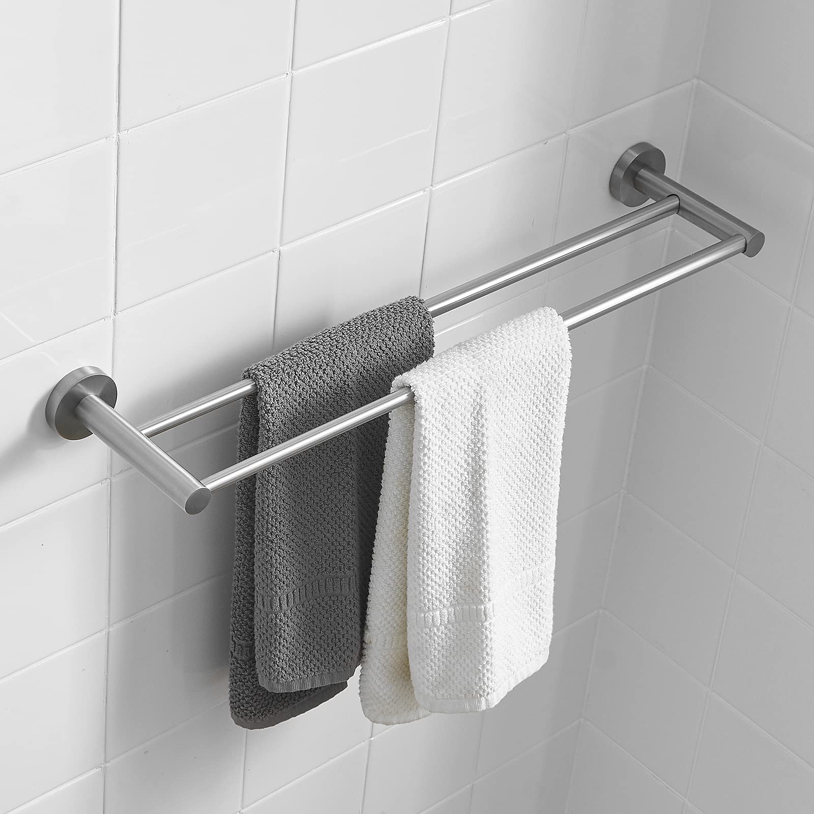 BESy Adjustable 16.4-28.3 Inch Stainless Steel Double Towel Bar - Brushed Nickel Wall Mount Bathroom Towel Holder with Screws for Hotel & Home Use | Perfect for Bathrooms, Spas, and Luxury Accommodations