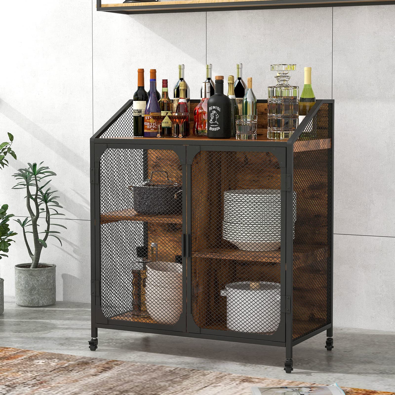 **Industrial Kitchen Cart with Storage - Metal Mesh Double Door Buffet Sideboard, Rolling Kitchen Island with Universal Wheels, Bakers Rack & Bar Cart for Home, Restaurant, or Office Use**