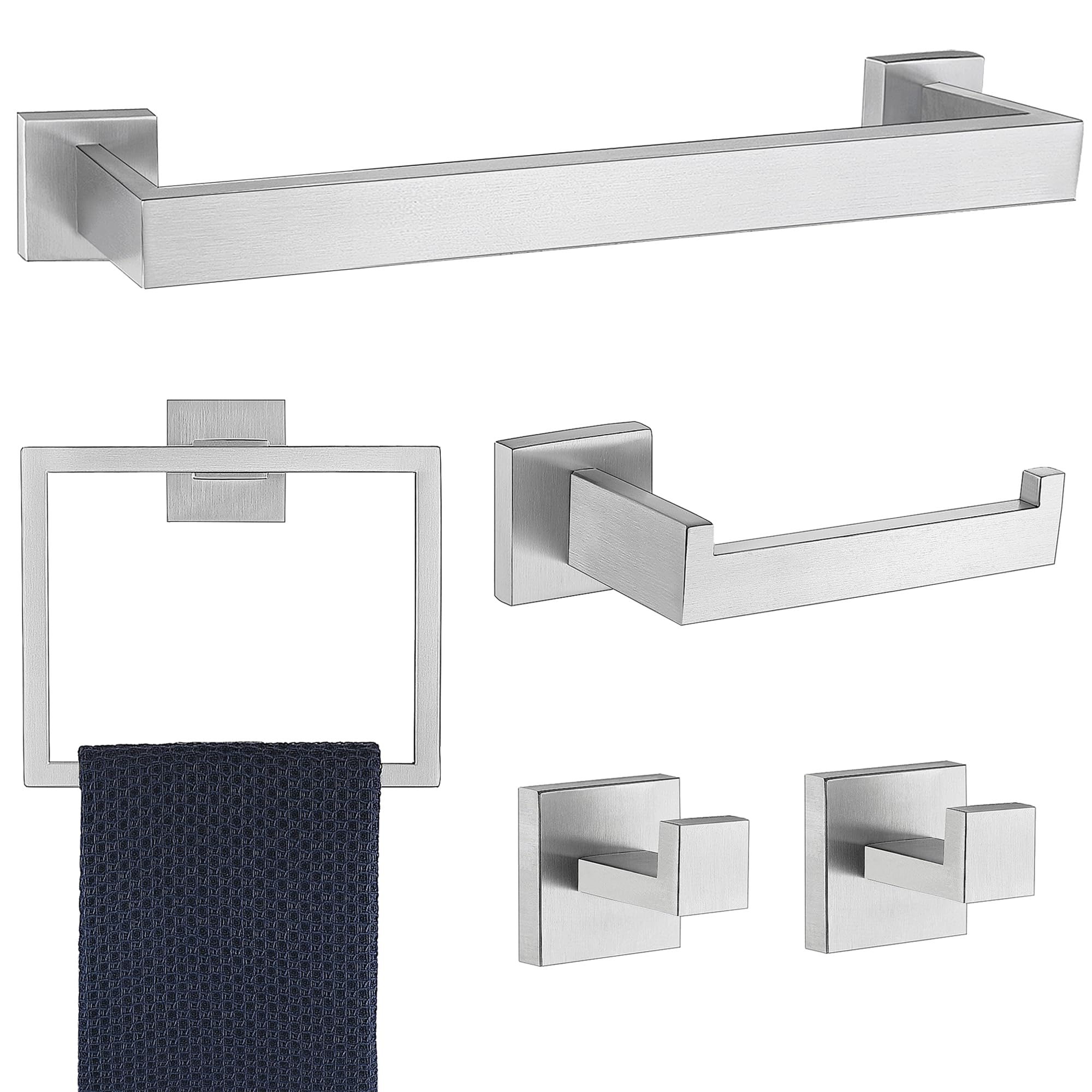 5-Piece Brushed Nickel Bathroom Hardware Set - SUS304 Stainless Steel Towel Rack & Square Towel Bar - Heavy Duty Wall Mounted for Bathroom, Shower, and Spa Decor