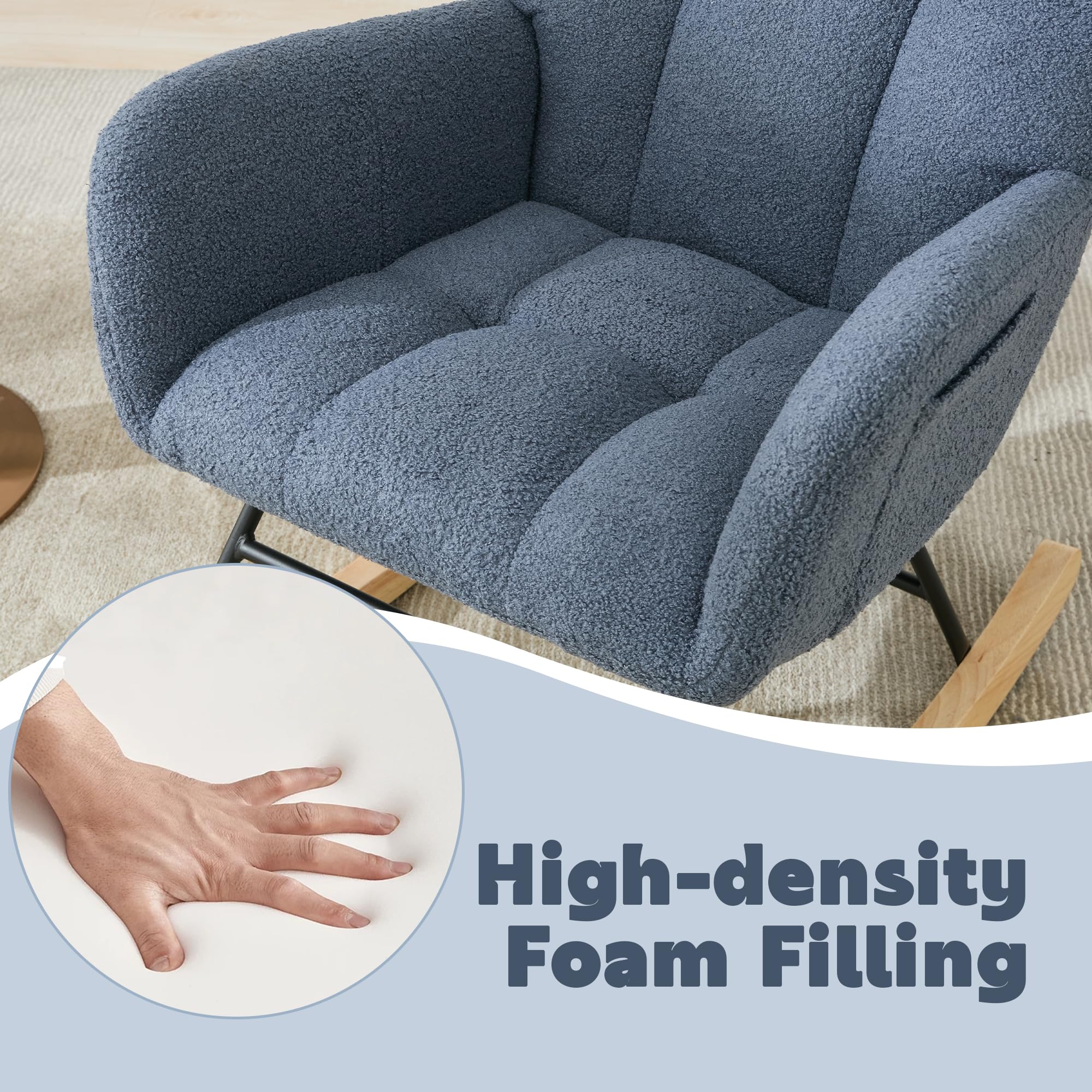 Comfy Blue Teddy Upholstered Glider Rocker - High Backrest Nursery Rocking Chair for Living Room, Bedroom & Office | Modern Accent Armchair with Smooth Gliding Motion | Perfect for Nursing Mothers, Relaxation & Home Decor