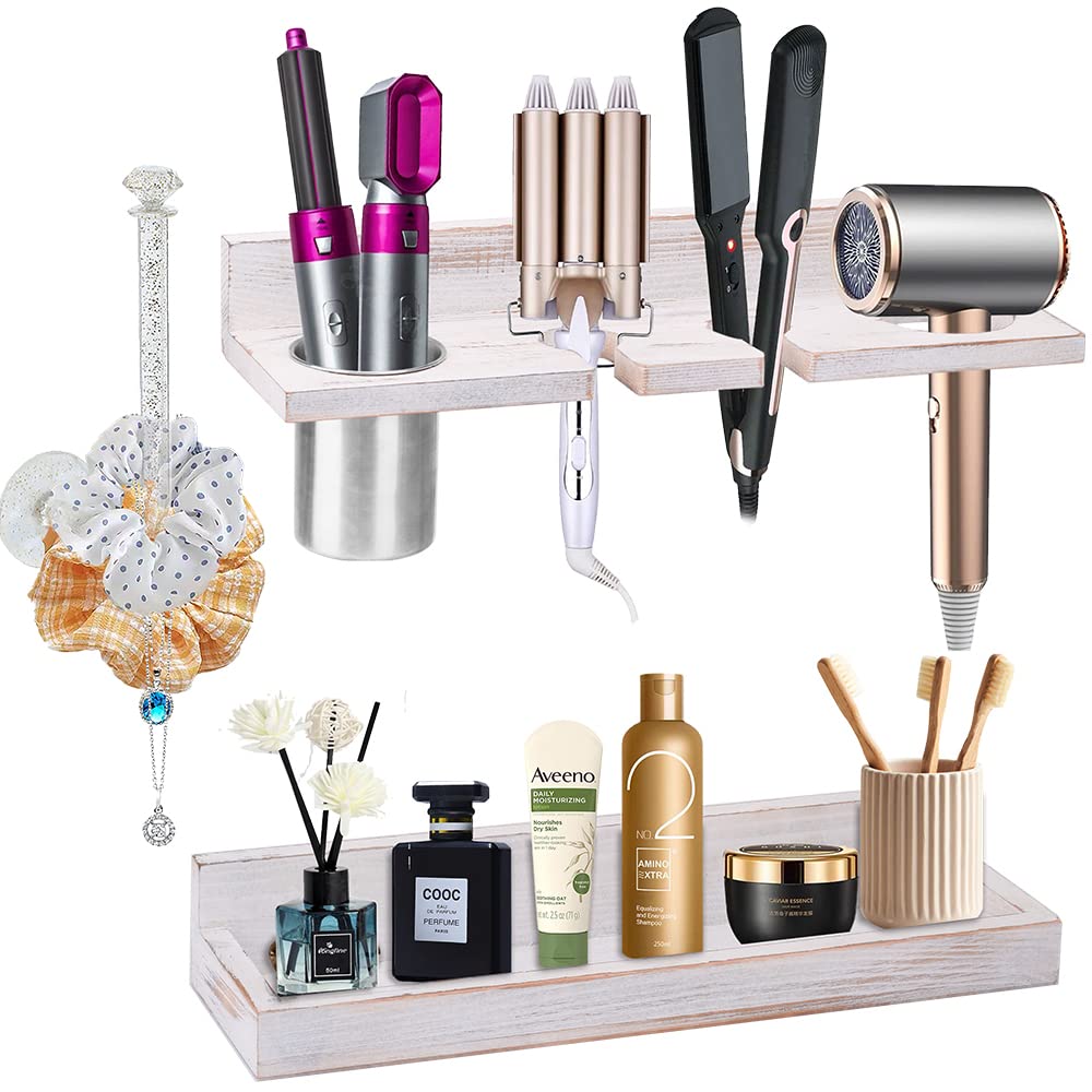 2-Layer Rustic Wooden Hair Tool Organizer Wall Mount - Hair Dryer Holder & Curling Iron Storage for Bathroom Vanity - Perfect for Blow Dryers, Hot Tools, Makeup & Toiletries Organization