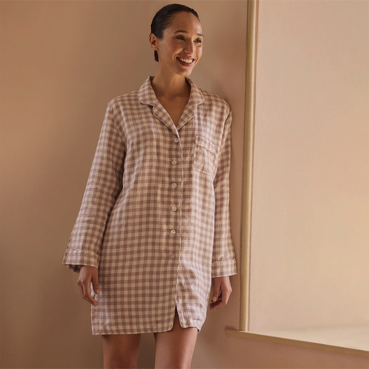 Elderberry Gingham Linen Night Shirt for Women - Soft & Comfortable Sleepwear - Perfect for Lounge, Sleep & Relaxation at Home