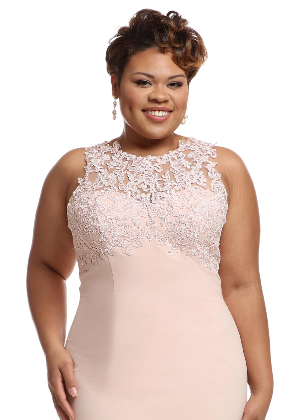 Elegant 80105 Fit and Flare Stretch Chiffon Bridesmaid Dress with Illusion Lace Neckline - Perfect for Weddings, Formal Events & Special Occasions