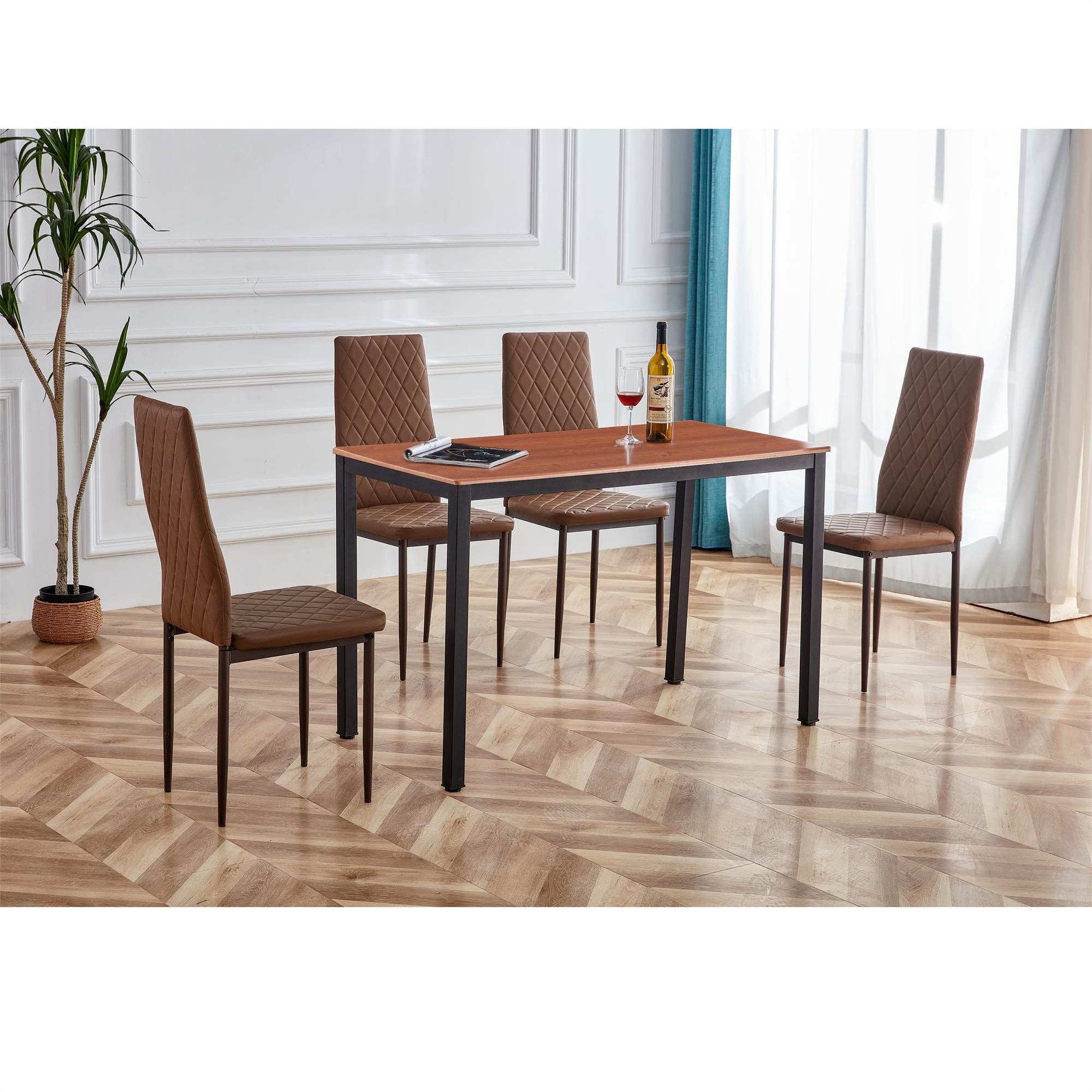 Vintage Leather Dining Chairs Set - 5-Piece Retro Style Table & Chairs with High Elastic Fireproof Sponge for Hotel, Conference & Outdoor Use (Light Coffee & Coffee Color) - Perfect for Home Dining Room, Restaurant, Office Meetings and Garden Parties