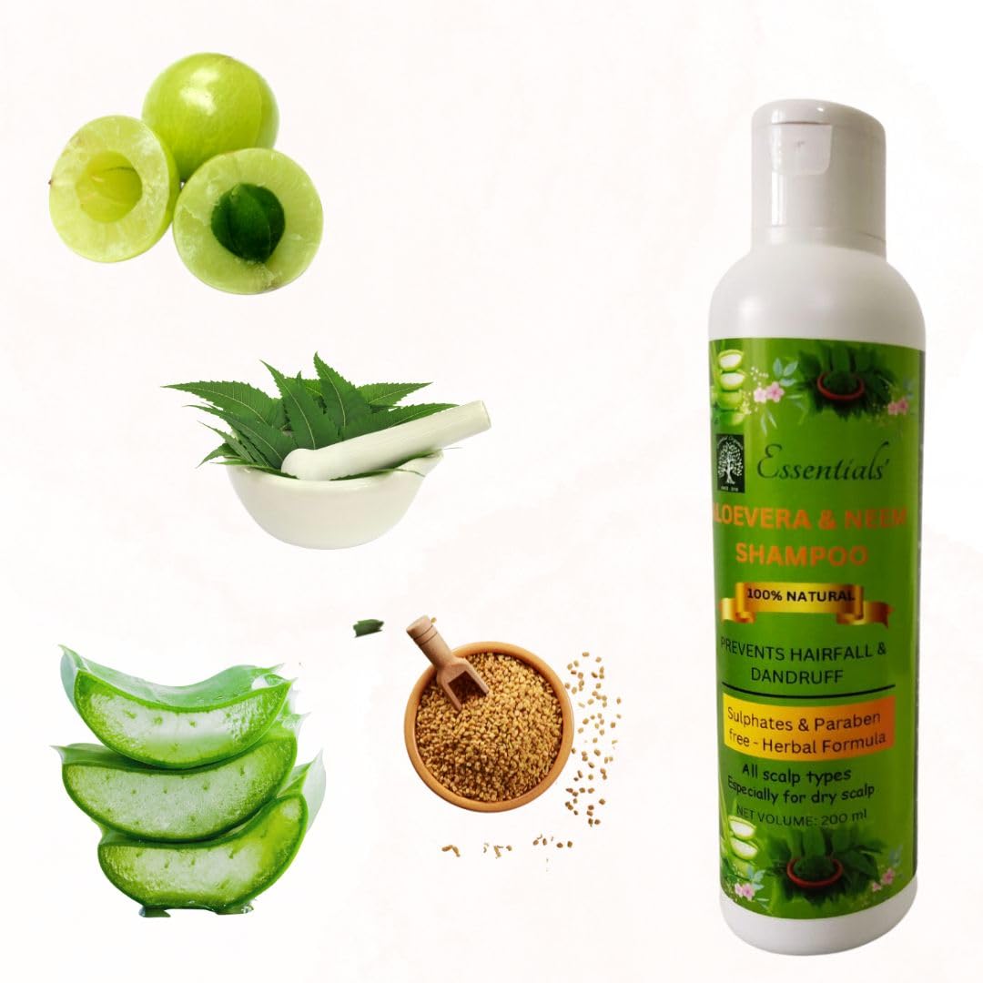 Essentials Aloe Vera & Neem Herbal Shampoo for Hair Growth & Hair Fall Control - Ayurvedic Hair Cleanser for Thick, Strong & Healthy Hair - Sulfate & Paraben-Free - 200ML - Perfect for Daily Hair Care & Scalp Nourishment