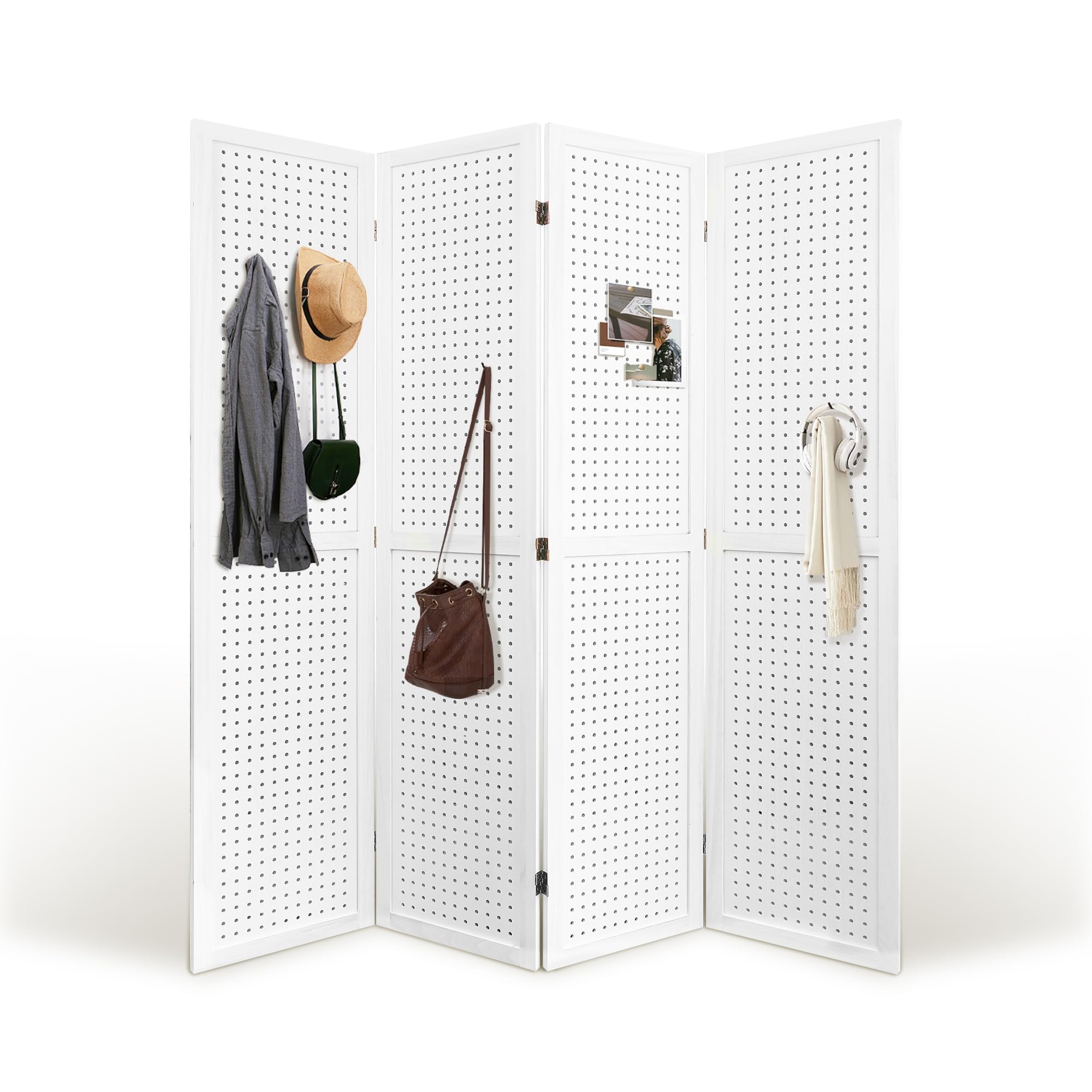 5.6FT Folding Room Divider Panel - 4 Panel Pegboard Wood Partition Wall for Home Office, Craft Shows & Room Separation - White - Perfect for Home Decor, Trade Shows & Space Organization