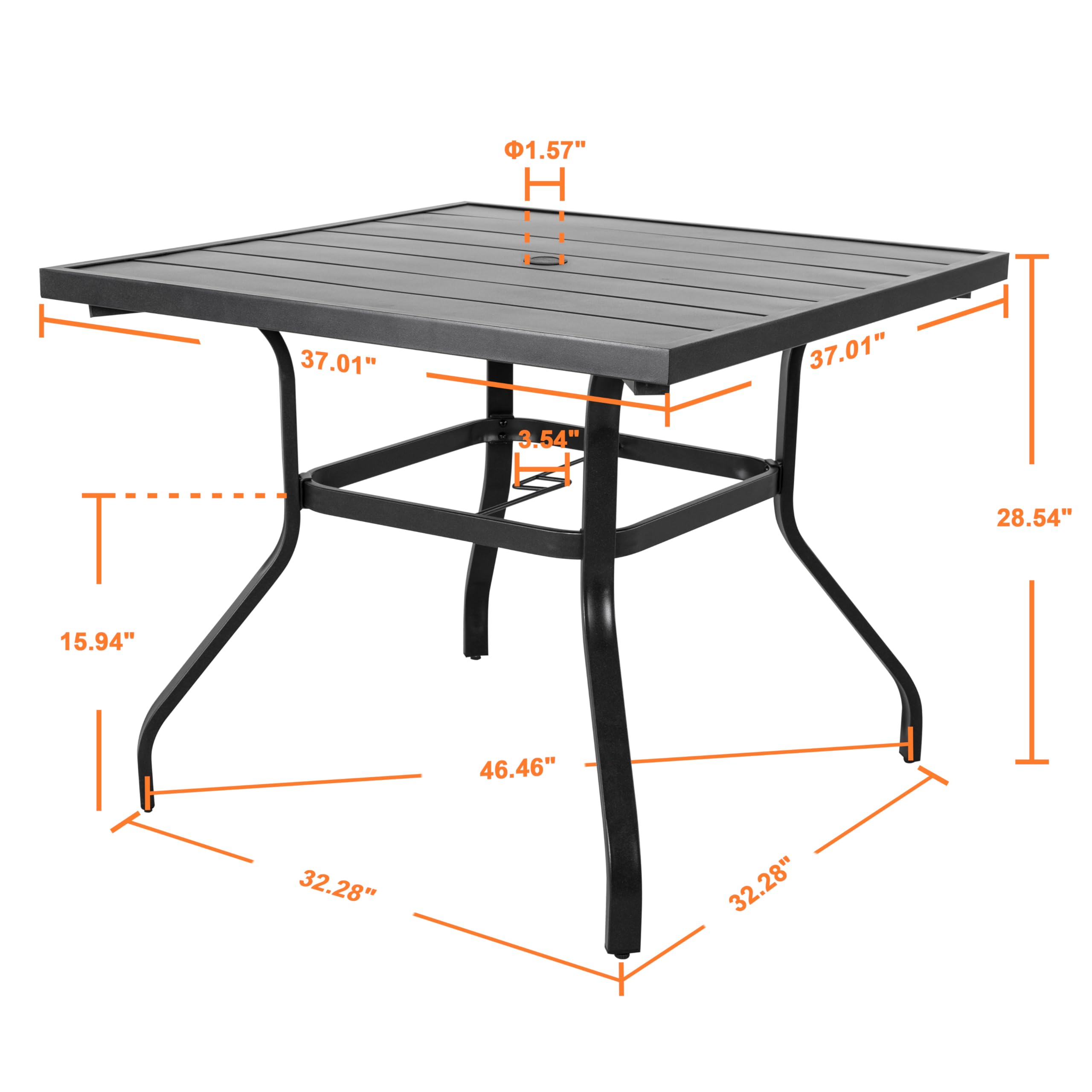 NUU GARDEN 37 Inch Square Outdoor Dining Table for 4 - Steel Slat Patio Table with Umbrella Hole | Powder Coated Iron Frame | Perfect for Garden, Balcony, Backyard & Poolside Gatherings