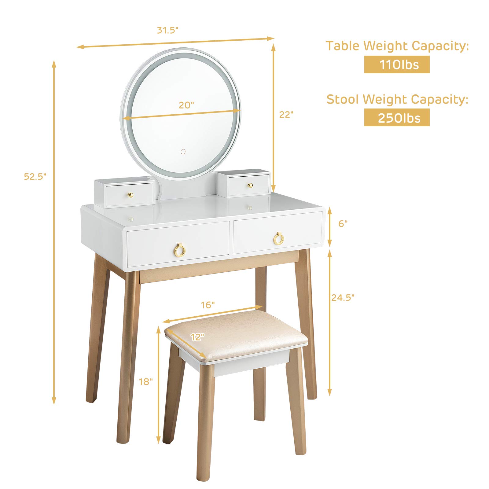 Nightcore Vanity Set with Round LED Lighted Mirror, Modern Makeup Vanity Desk with Cushioned Stool & 4 Drawers - White Dressing Table for Women & Girls | Perfect for Bedroom, Bathroom & Home Beauty Station