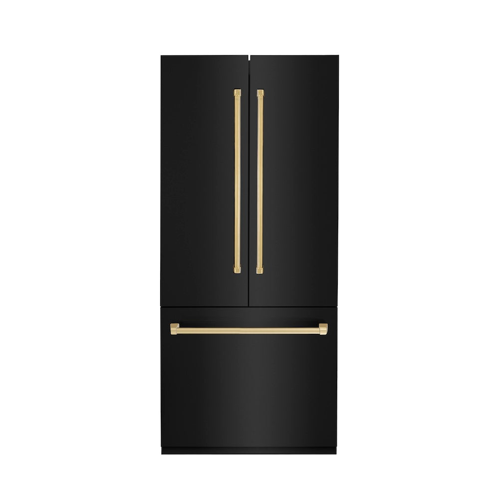 ZLINE Autograph Edition 36 Inch 19.6 Cu Ft French Door Built-In Bottom Freezer Refrigerator with Water Dispenser & Ice Maker - Black Stainless Steel with Polished Gold Accents (RBIVZ BS 36 G) - Perfect for Modern Kitchens & Luxury Homes