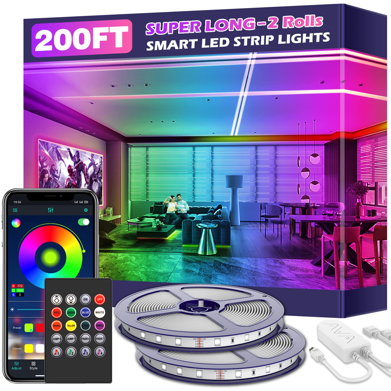 200ft LED Strip Lights with Music Sync & Bluetooth App Control - RGB Color Changing SMD 5050 Rope Lights with Remote & Built-in Mic - Perfect for Bedroom Decor, Party Lighting & Home Entertainment