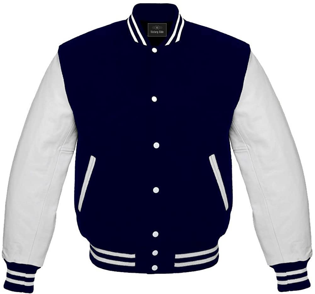 Men's Varsity Jacket - Wool Body with Genuine Leather Sleeves - Letterman College Jacket (Large, Navy Blue/White) MVJ-101 | Perfect for School Spirit, Casual Wear & Retro Fashion