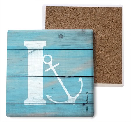 Lake & Beach Themed Anchor Coasters Set of 4 - Absorbent Stone Drink Coasters with Cork Backing - 4x4 Inch Initial Letter Coasters for Home Bar, Patio, Boat & Beach House Decor (SJT96870)
