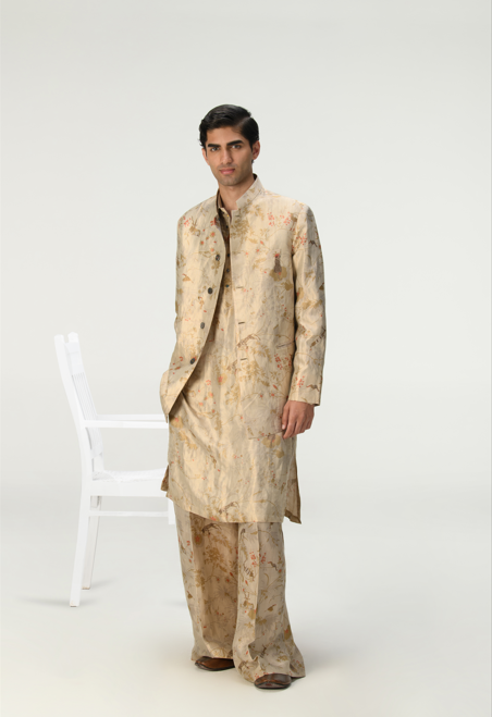 Elegant Bandhgala Silk Brocade Ivory Jacket for Men | Traditional Indian Wedding Sherwani | Perfect for Festivals, Ceremonies & Special Occasions