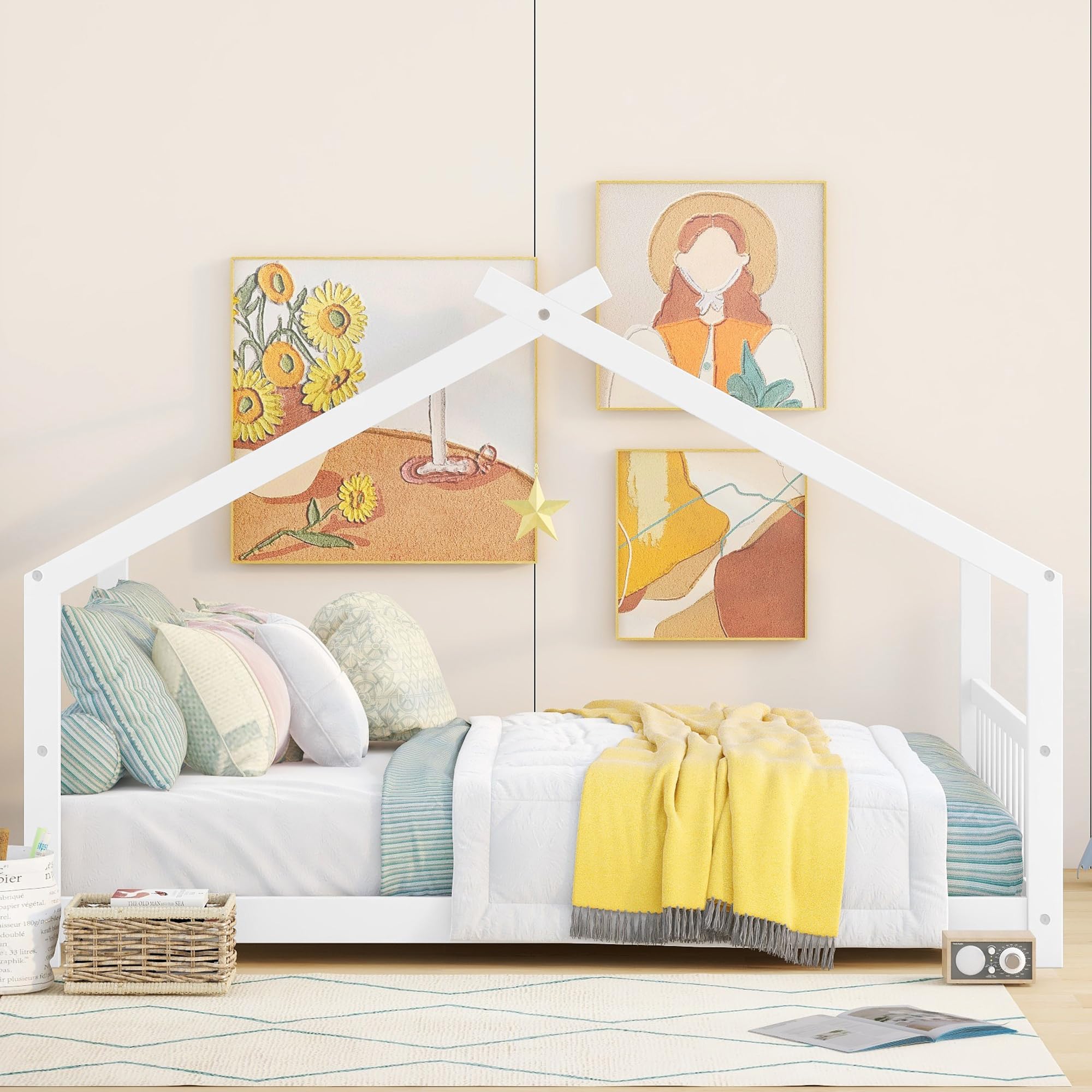 Montessori Floor Bed for Kids - Full Size Wooden Platform Bed Frame with Headboard & Footboard, No Box Spring Needed - Perfect for Toddler Rooms, Daycare & Montessori Classrooms (White)