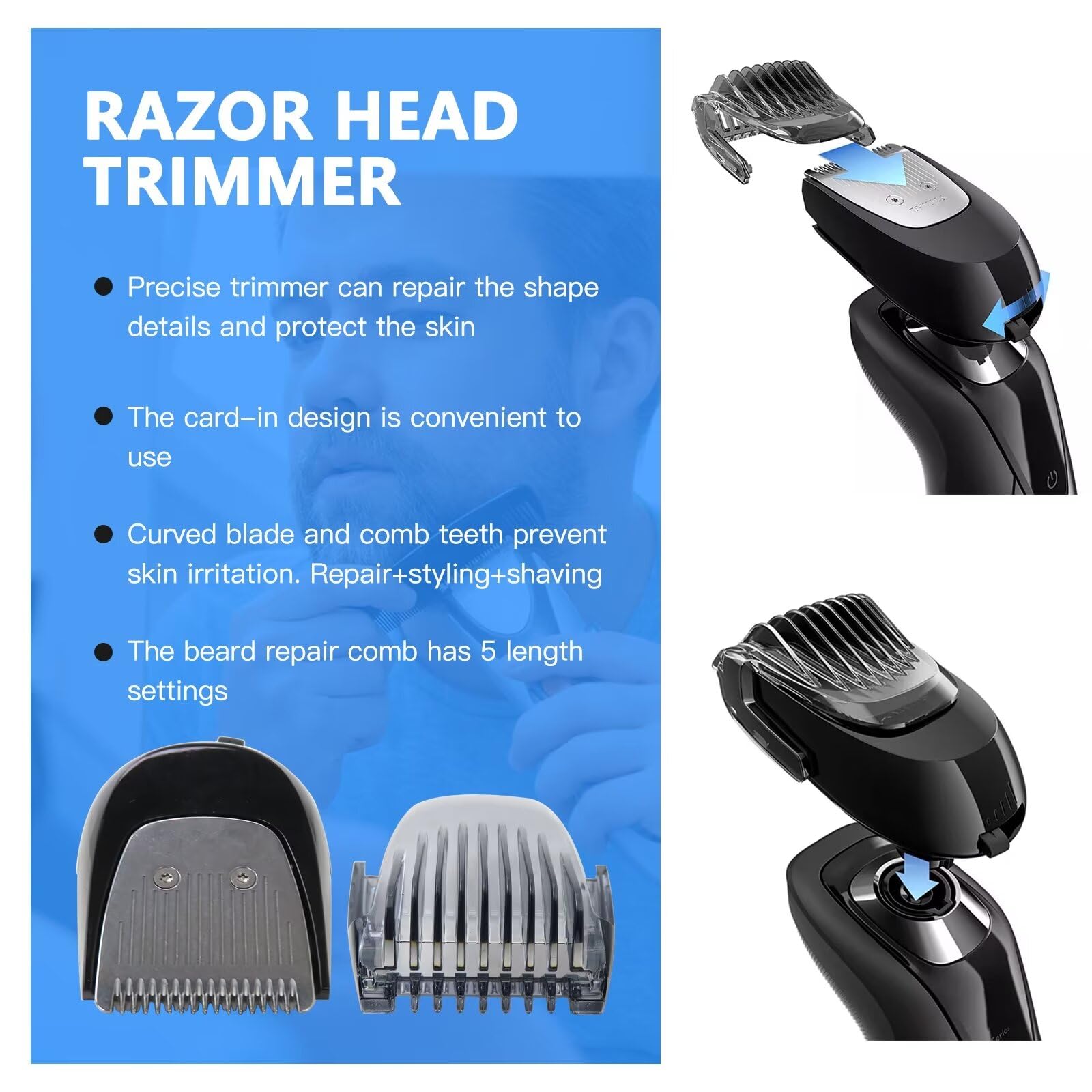 Black RQ11 Replacement Shaver Trimmer Head Blade Cutter with Comb Cover for Philips Norelco RQ111/52 Click-On Beard Styler - Perfect for Precise Facial Hair Grooming & Styling at Home or Travel