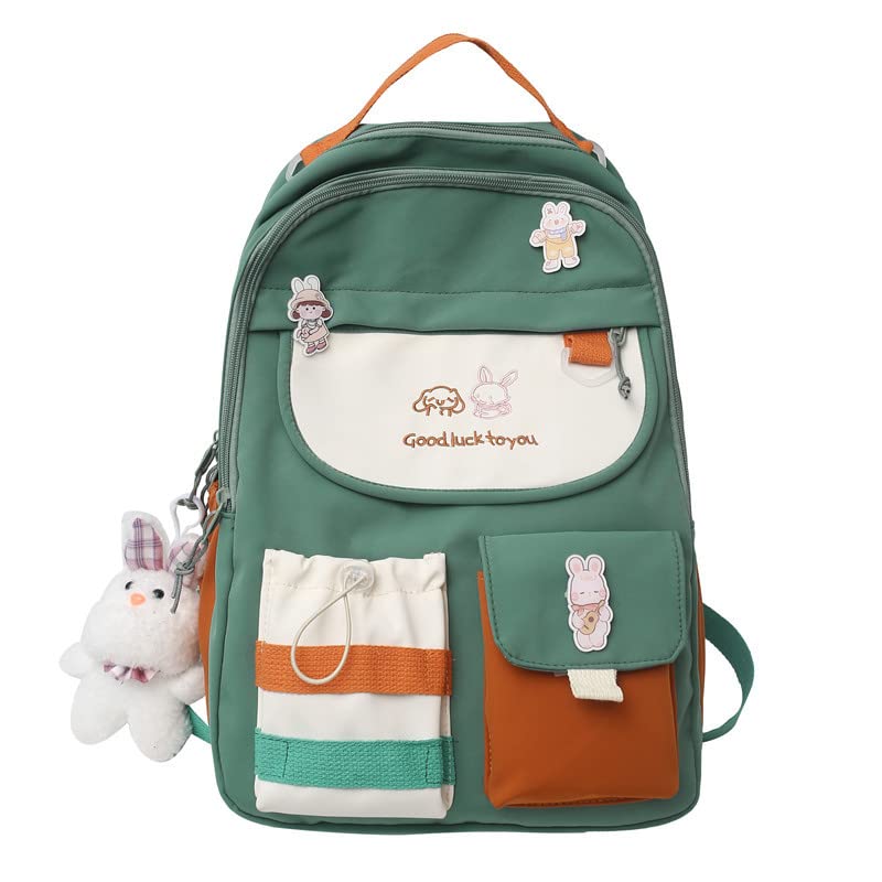 Cute Aesthetic Laptop Backpack for Women - Large Capacity 17 Inch School Bag with Badge & Rabbit Pendant - Green Kawaii Bookbag for College, Work & Travel