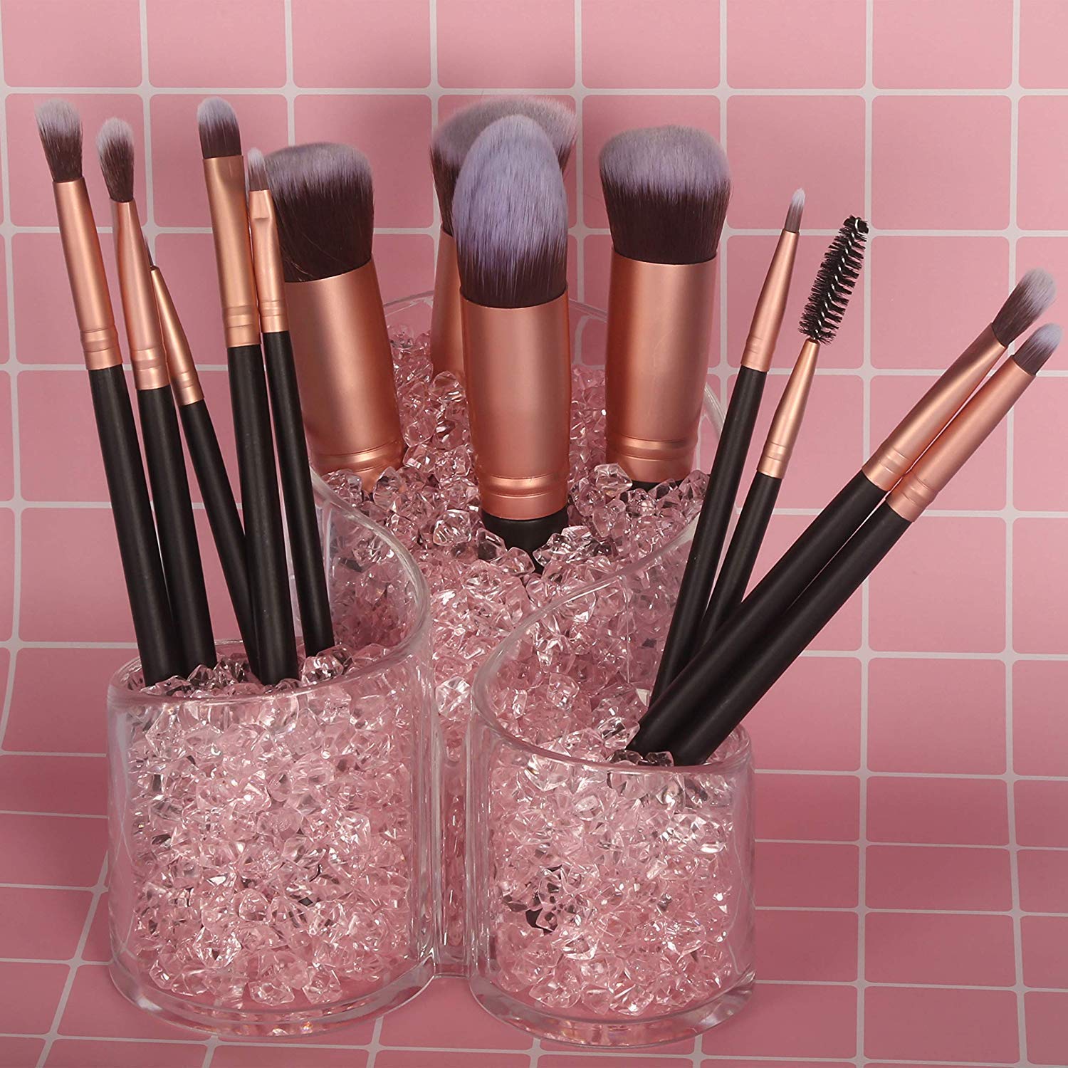 NETXE Acrylic Makeup Brush Organizer with Nail Polish & Lipstick Holder - 12 Slot Cosmetic Brush Stand for Eyeliner, Lip Gloss & Beauty Tools | Perfect for Vanity, Bathroom & Travel Makeup Organization