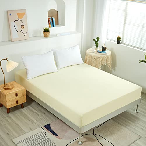 NHNHN Queen Size Fitted Sheet - Deep Pocket Soft Microfiber Bed Sheet - Wrinkle, Shrink & Fade Resistant - Easy Care Machine Washable - Perfect for Kids, Teens, Women (Cream) - Ideal for Bedrooms, Dorms, Guest Rooms & Airbnb