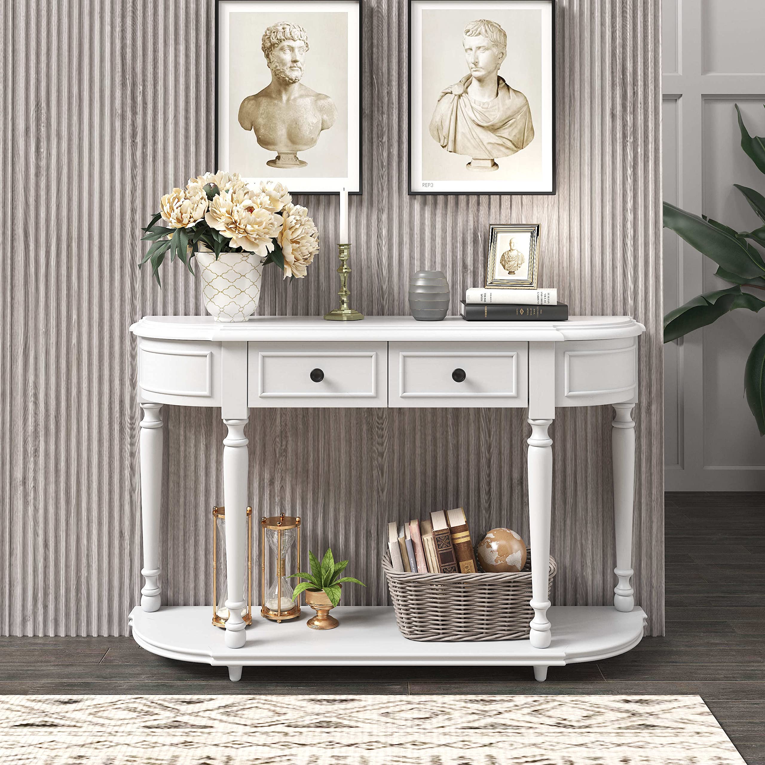 Vintage Round Curved Console Table with Open Shelf & 2 Drawers - Solid Wood Frame & Legs in Antique White - Perfect for Living Room, Entryway, Hallway & Home Decor