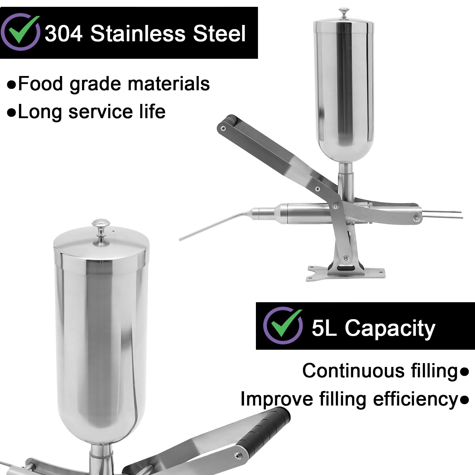 DYRABREST 5L Manual Donut Filling Machine - Stainless Steel Donut Stuffing Filler for Bakeries & Home Kitchens - Easy Hand Operated Doughnut Injector - Perfect for Spanish Churros, Cream & Jam Fillings
