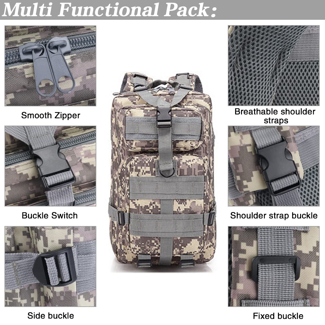 LIMHOO Tactical Backpack for Men - 30L Small Military Rucksack with MOLLE System & USA Flag Patch (ACU Camo) - Durable Army Backpack for Hiking, Camping, Travel & Everyday Carry (EDC)