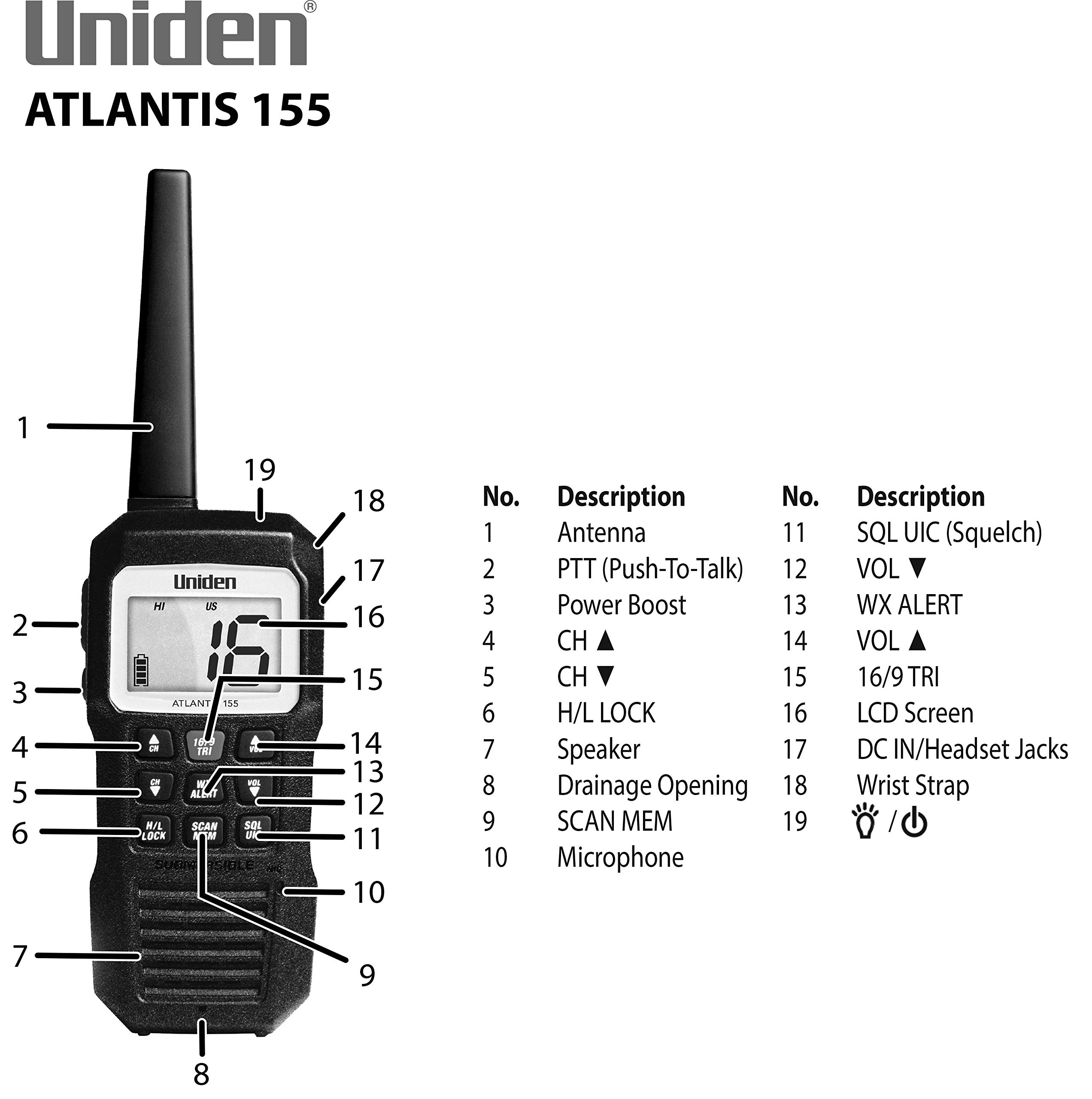 Uniden Atlantis 155 Waterproof Handheld VHF Marine Radio with NOAA Weather Alerts | SeaSense Large Air Horn for Boats | Emergency Communication & Safety Gear for Sailing, Fishing & Water Sports