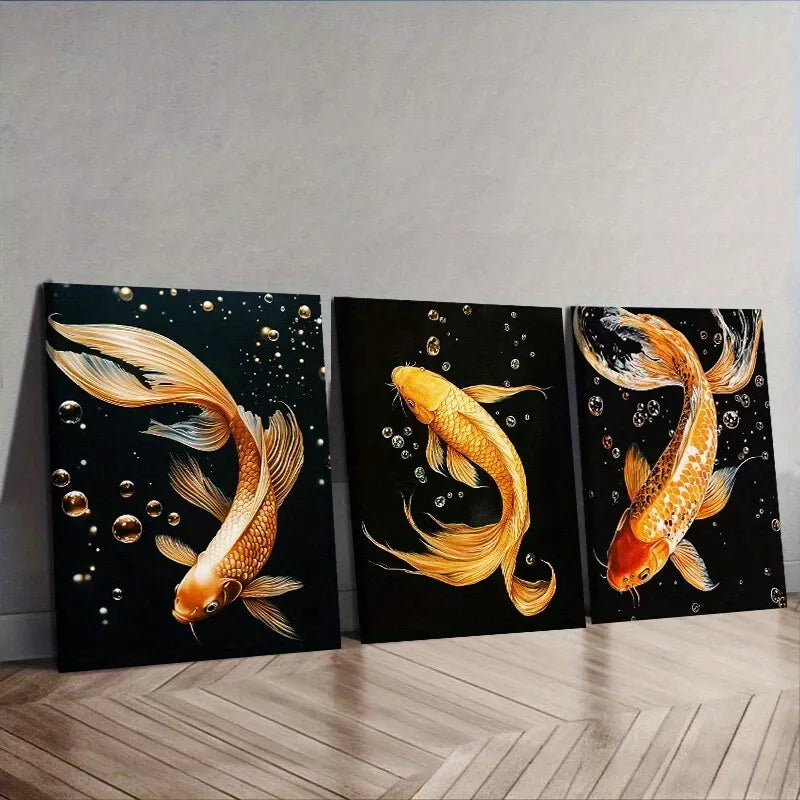 3Pcs Yellow Koi Fish Wall Art Set - Black Background Framed Canvas Paintings 40x60cm - High Quality Print 100% Australian Made - Ready to Hang Home Office Decor for Living Room, Bedroom & Office