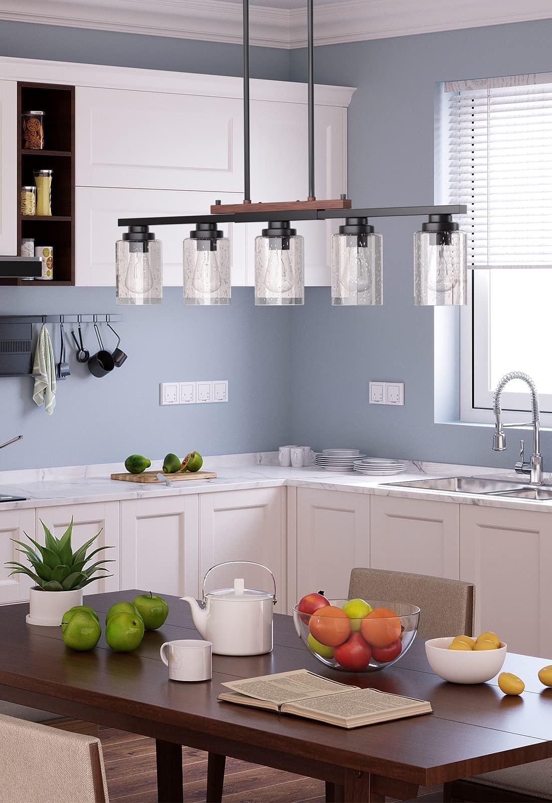 Amico 5-Light Adjustable Farmhouse Chandelier - Black Metal & Wood Kitchen Island Lighting with Seeded Glass Shades | Perfect for Dining Room, Kitchen Island, and Farmhouse Decor