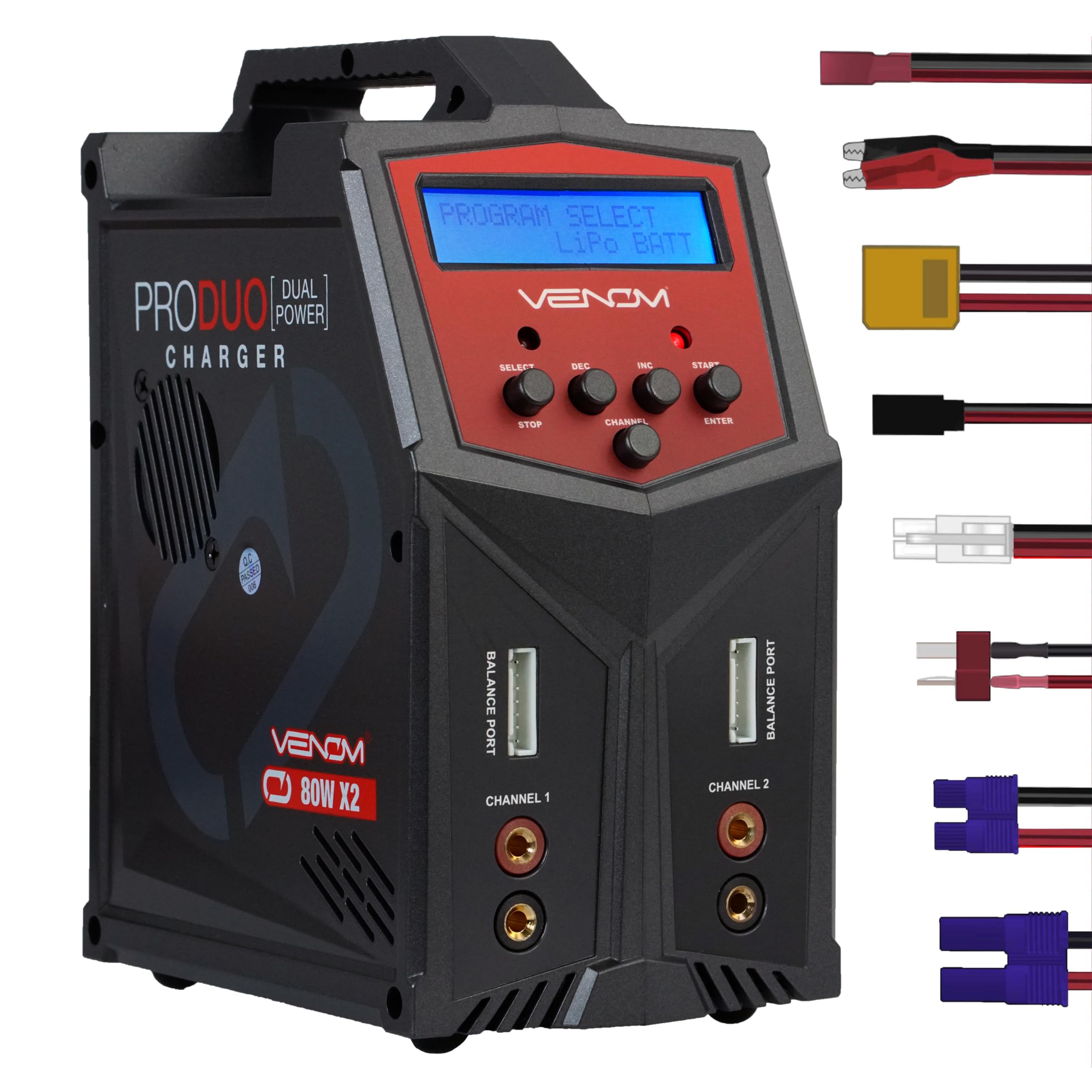 Venom Power Pro Duo LiPo Battery Charger - LCD Display with Charging Cables - Balance Charger & Discharger for LiPo, LiHV, Li-Ion, LiFe, NiMH, NiCd, Pb Batteries (1S-6S) - Perfect for Drones, RC Cars, Airplanes & Hobby Vehicles - Fast Charging & Safe Power Supply