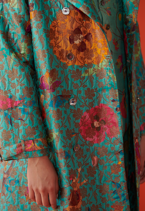Elegant Aqua Silk Brocade Trench Coat - Vintage Inspired Women's Outerwear for Formal Events & Evening Occasions