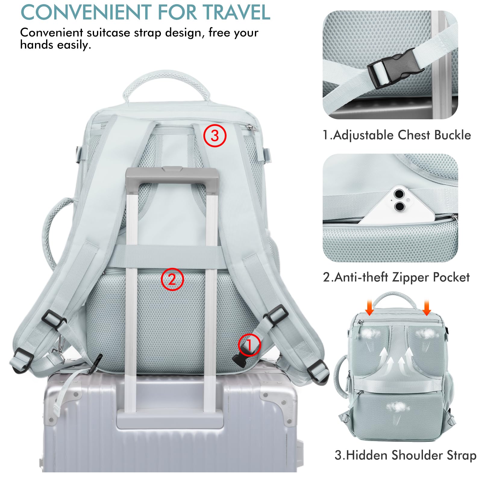 Beraliy 40L Large Travel Backpack for Women - Airline Approved Carry On Backpack with 17.3 Inch Laptop Compartment, Waterproof Hiking & Business Backpack - Light Blue - Perfect for Air Travel, Commuting, Outdoor Adventures and Work