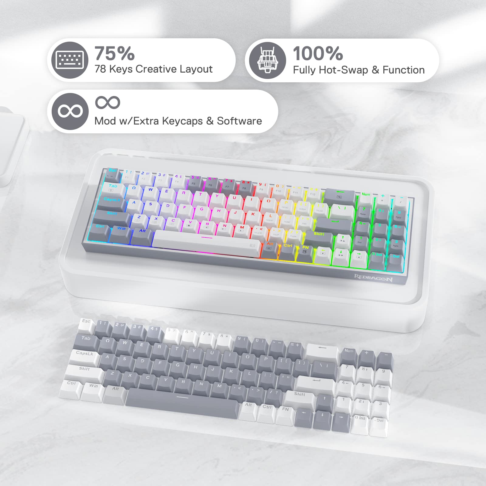 Redragon K628 Pollux 75% Wired RGB Gaming Keyboard - 78 Key Compact Mechanical Keyboard with Hot-Swap Sockets, Free-Mod PCB & Dedicated Arrow Keys | Quiet Red Switches for PC Gaming, Typing & Office Work