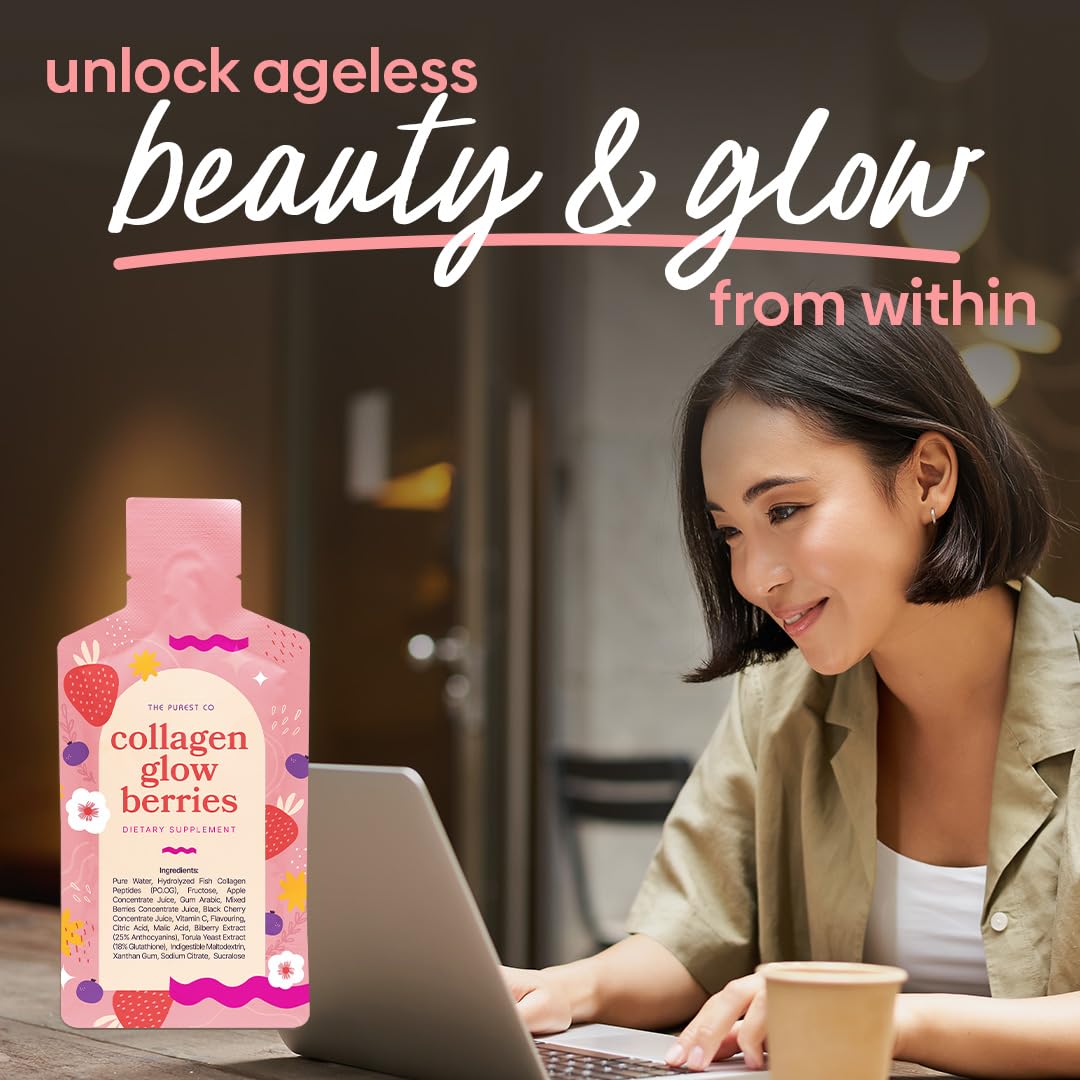 THE PUREST CO Collagen Glow Berries x 30 SACHETS - 1 Month Supply Collagen Drink for Skin Hydration & Anti-Aging | Daily Beauty Supplement for Glowing Skin | Perfect for Morning Routine & Post-Workout Recovery