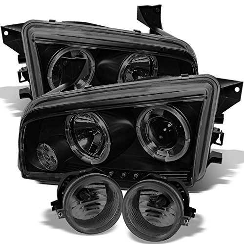 AKKON Black Smoked Dual Halo Ring LED Projector Headlights + Fog Lights 4Pcs Combo for 2006-2010 Dodge Charger LX | Upgrade Your Ride with Enhanced Night Visibility & Stylish Look