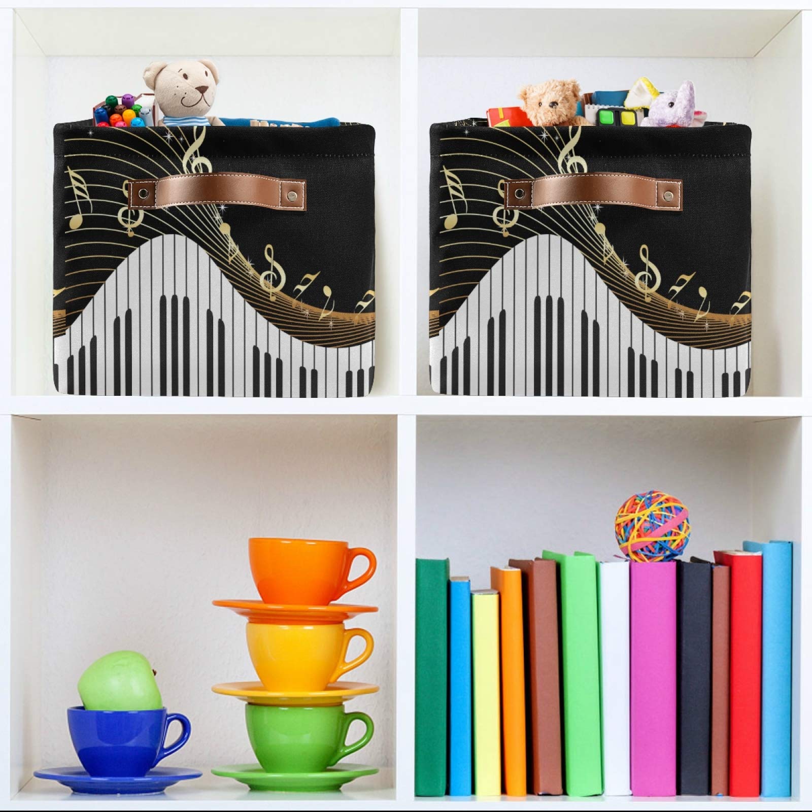 AUUXVA 2-Pack Canvas Storage Baskets with Handles - Collapsible Music Note Design Organizer Bin for Toys, Closet, Shelf, Bedroom & Home Office - Durable & Stylish Home Decor