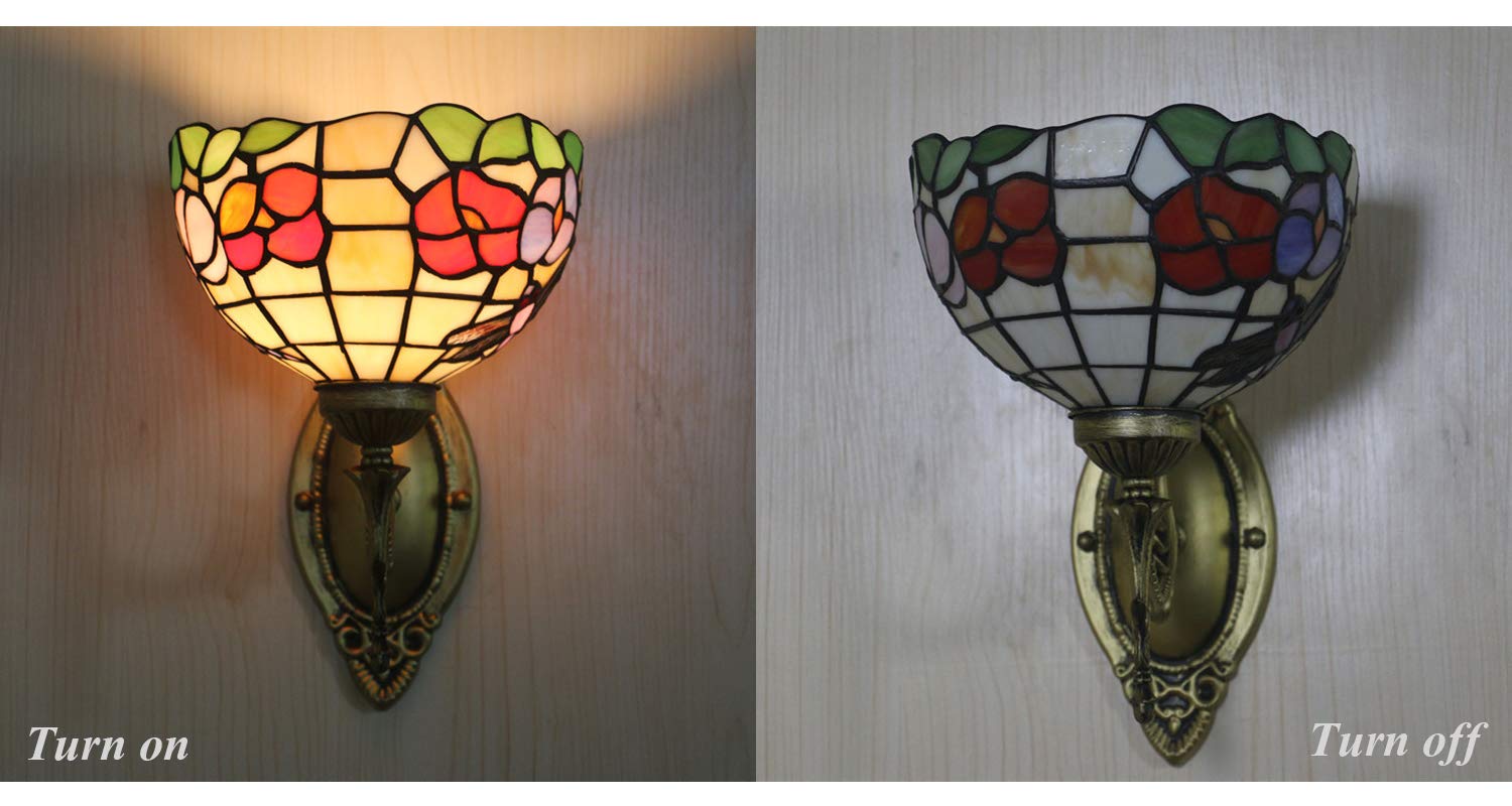 Handcrafted Tiffany Style Wall Sconce with UL Plug-in Cord - Antique Louis Comfort Tiffany Inspired Stained Glass Shade Light Fixture for Living Room, Bedroom & Hallway Decor