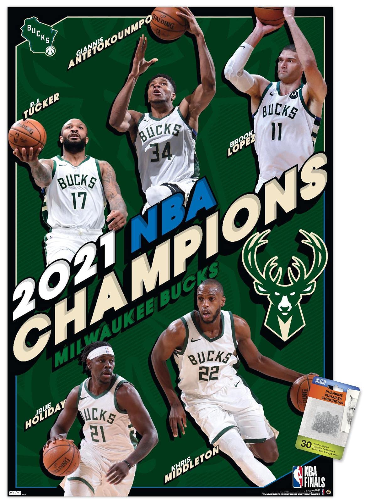 Milwaukee Bucks 2021 NBA Champions Wall Poster with Pushpins - Premium Basketball Decor for Home, Office & Fan Cave
