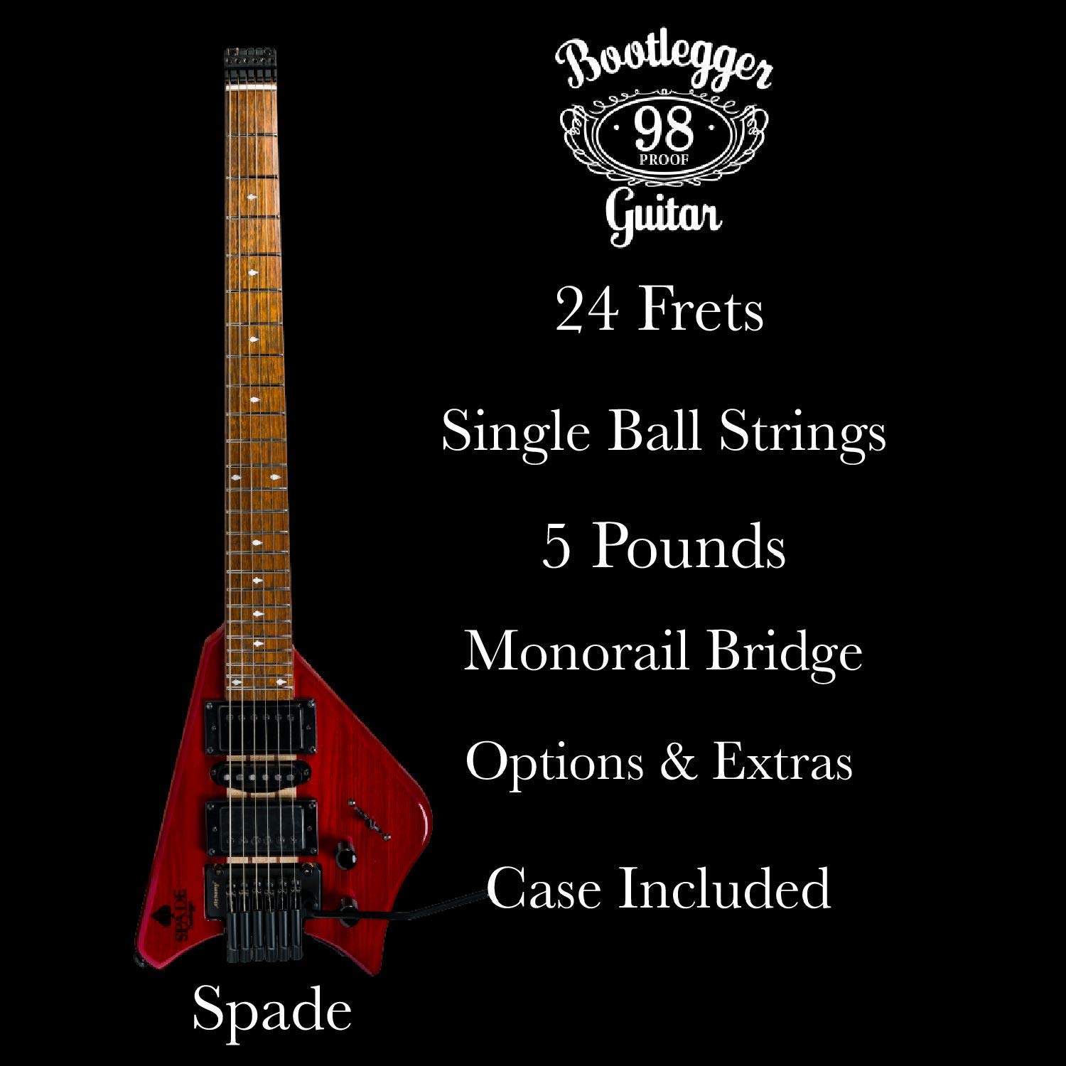 Bootlegger Guitar Spade Headless Electric Travel Guitar - Pro Series Full Scale with Stiletto Hard Case | Portable Electric Guitar for Recording, Gigs & Travel | Perfect for Musicians, Buskers & Small Spaces