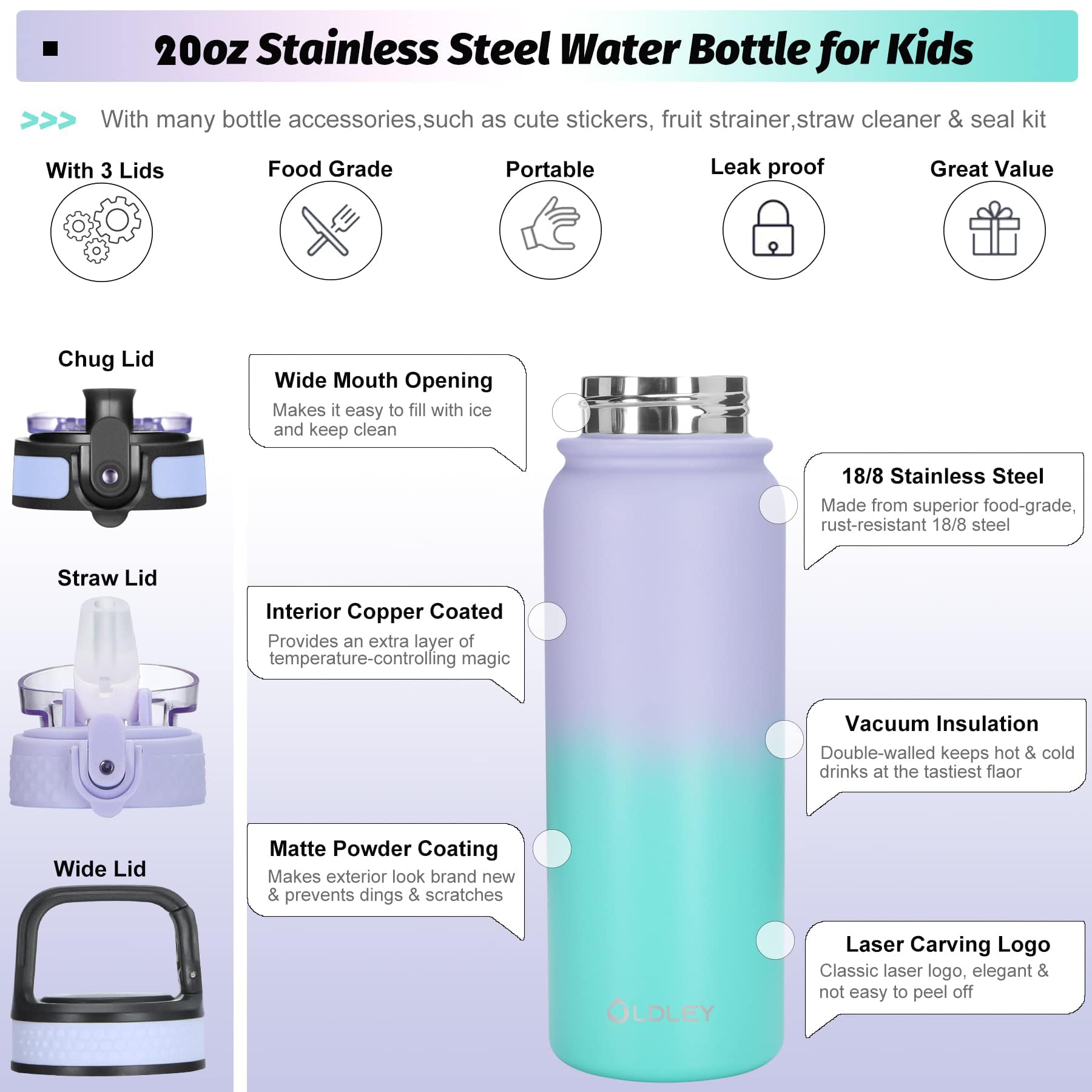 Oldley 20oz Insulated Stainless Steel Water Bottle with Straw - Double-Wall Vacuum Thermal Flask for Kids & Adults - School, Sports, Gym, Hiking, Travel - Purple & Green