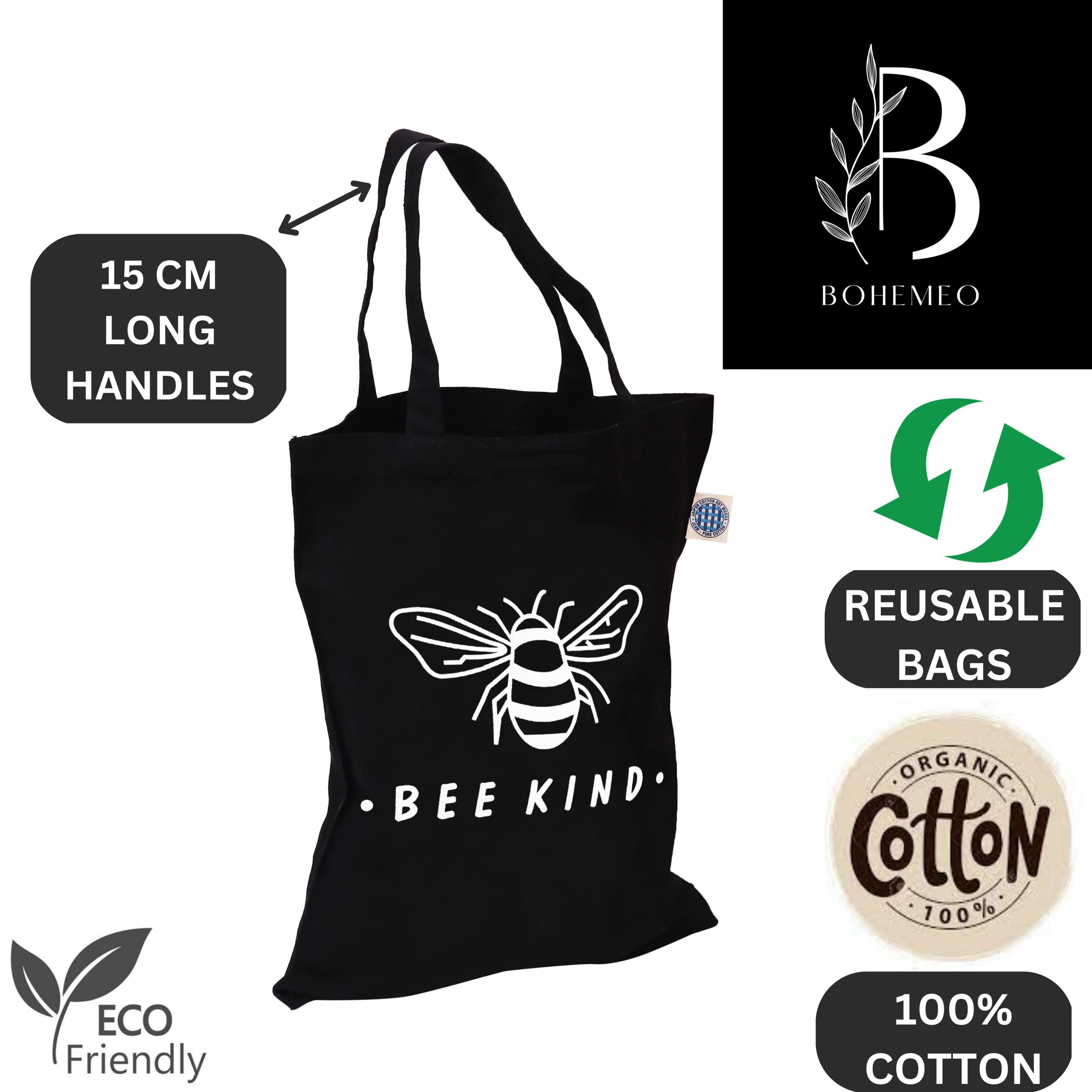 BOHEMEO Reusable Organic Cotton Canvas Tote Bag - Eco-Friendly Fashion Handbag with Stylish Prints for Women, Perfect for Shopping, Beach & Daily Use
