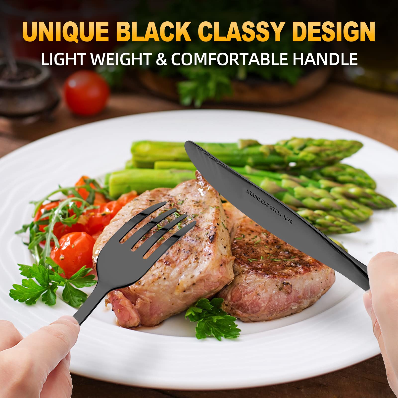 72-Piece Stainless Steel Flatware Set - Premium Black Silverware for Home & Restaurant Use, Heavy Duty Knife Fork Spoon Set with Steak Knives, Dishwasher Safe | Perfect for Dinner Parties, Weddings & Everyday Dining