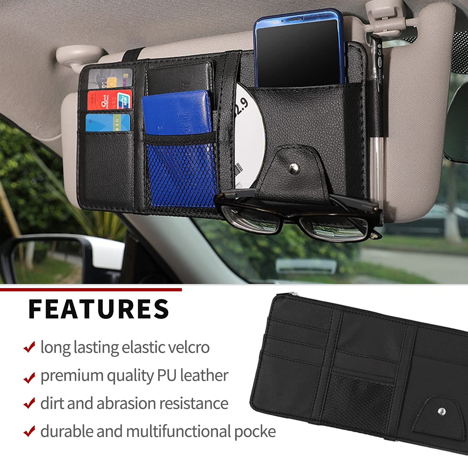 Car Sun Visor Organizer - Multi-Pocket Auto Storage Pouch for Cards, Pens, Sunglasses & Documents | Black | Perfect for Road Trips, Commuting & Vehicle Organization