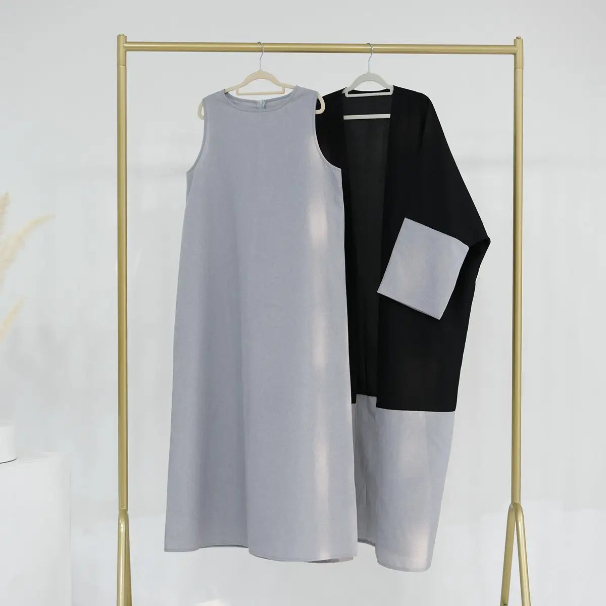 2-Piece Open Abaya Dress Set with Inner Sleeveless Dress - Modest Muslim Fashion for Prayer, Eid & Special Occasions