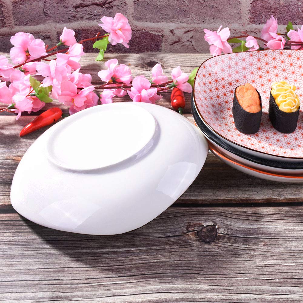 8 Inch Porcelain Dinner Plate Set of 4 - Large Japanese Style Square Ceramic Plates with Red & Black Patterns - Perfect for Appetizers, Sushi, Tapas, and Home Decor