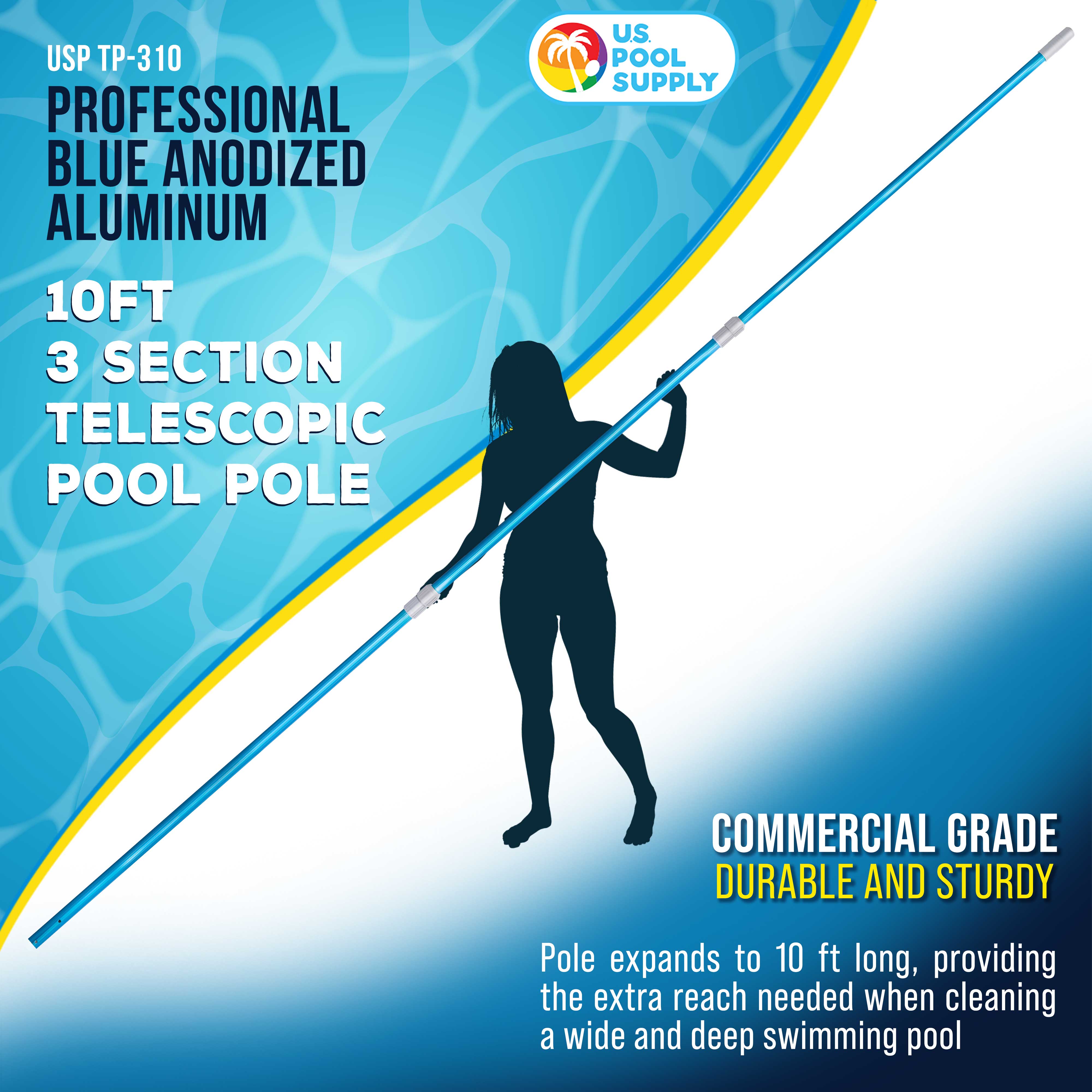 10ft Blue Anodized Aluminum Telescopic Pool Pole - Adjustable 3-Piece Swimming Pool Cleaning Pole with Skimmer Net Attachment | Professional Pool Maintenance Tool for Skimming Leaves & Debris | Perfect for In-Ground & Above Ground Pools