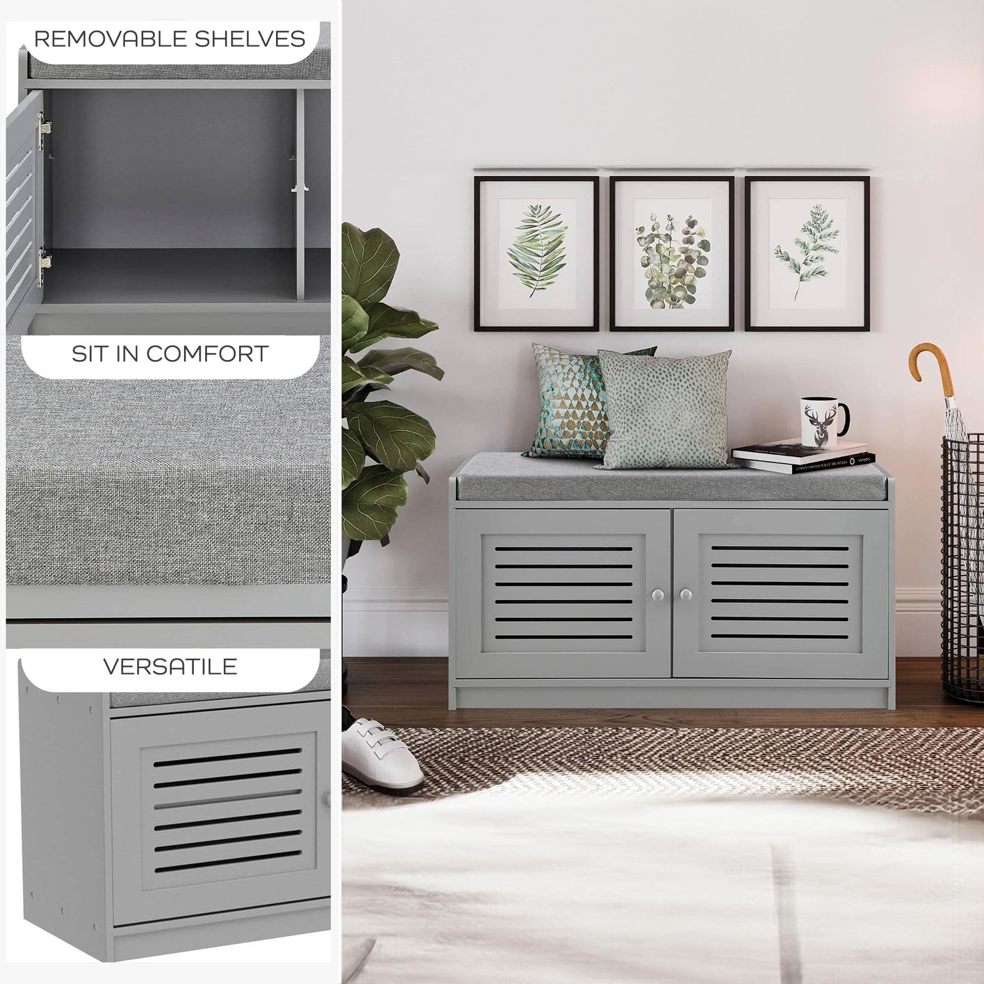 Gray Wooden Shoe Storage Bench with Cushioned Seat & Adjustable Shelves - Entryway Organizer for Hallway, Living Room or Bedroom - Perfect for Small Space Organization & Quick Shoe Access