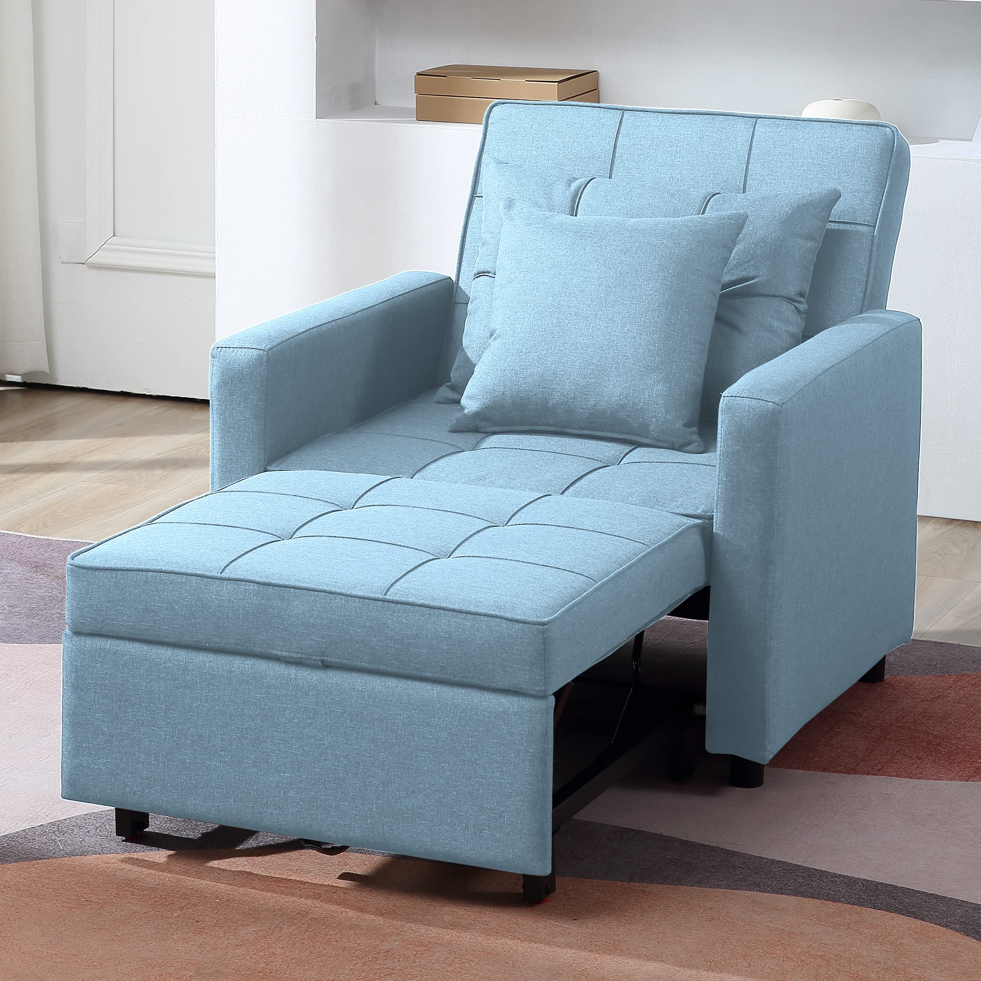 3-in-1 Convertible Chair Bed - Foldable Sofa Bed with Adjustable Backrest, Pull Out Sleeper Chair for Small Spaces, Multi-Functional Single Armchair with Modern Linen Fabric (Light Blue) - Perfect for Guest Room, Studio Apartment & Office Nap